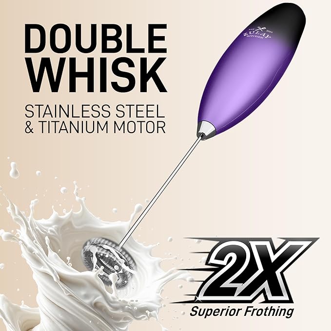Zulay Kitchen Powerful Milk Frother Wand With Duracell Batteries - Ultra Fast Handheld Drink Mixer - Electric Whisk Foam Maker for Coffee, Lattes, Cappuccino & Matcha - Double Whisk - Black Purple