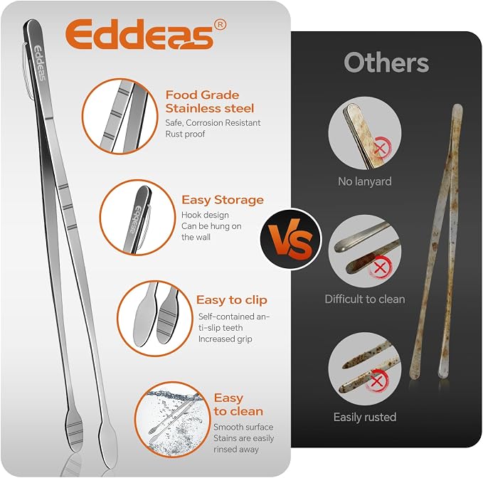 Eddeas Kitchen Tweezers Tongs, Cooking Tweezers Stainless Steel - 3 Size 12'' 10'' & 8 inch Ideal for Meat, pasta, plating and pinching delicate small pieces of food, Set of 3 (Pack of 2)
