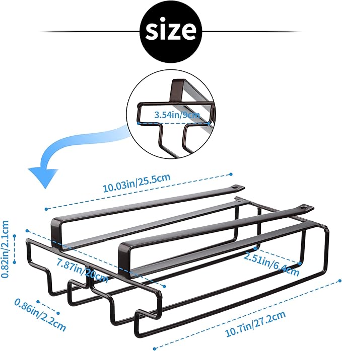 Wine Glass Rack Under Cabinet Drilling Free No Screw Steamware Holder Under Shelf Metal Wine Glasses Holders 304 Stainless Steel Hanger Storage Organizer Hanging Glass Fit for Bar Kitchen 2 Rows Brown
