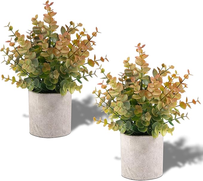 Coferset 2 Pack Small Fake Plants Eucalyptus Potted Artificial Plants for Shelf Desk Home Bathroom Farmhouse Room Coffee Table Decor Fall Decor (Yellow)