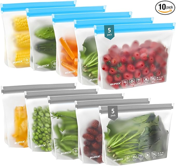 IDEATECH 10Pack Reusable Quart Freezer Bags, Food Storage Bags Stand Up | Dishwasher Safe, Leakproof, BPA-Free Food Grade, Freezer Safe, Quart Size for Meat, Marinades, Salads, Snacks, Lunch, Travel