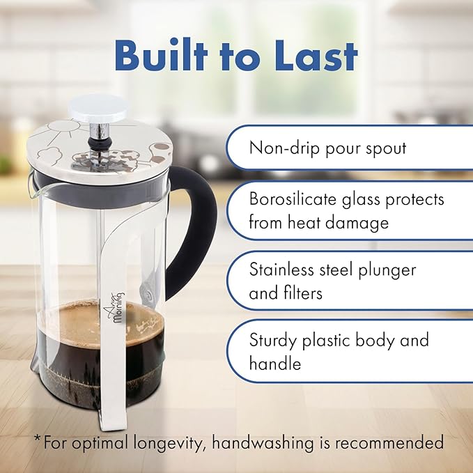 Any Morning French Press Coffee Maker,Tea & Coffee Press with Triple Stainless Steel Filter, small french press Coffee Brewer for Camping and Travel, Borosilicate Glass, 11 Oz, Black