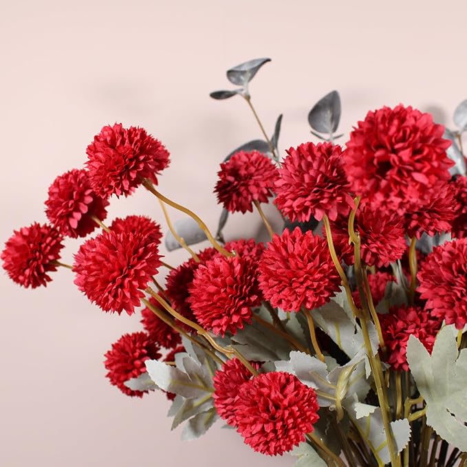 RyddeligHome Faux Red Flowers Artificial 10 Long Stems + Eucalyptus, Burgundy Wine Colored Silk Mum Flowers for Decor, Fall Table Centerpieces, Dark Red Faux Mums