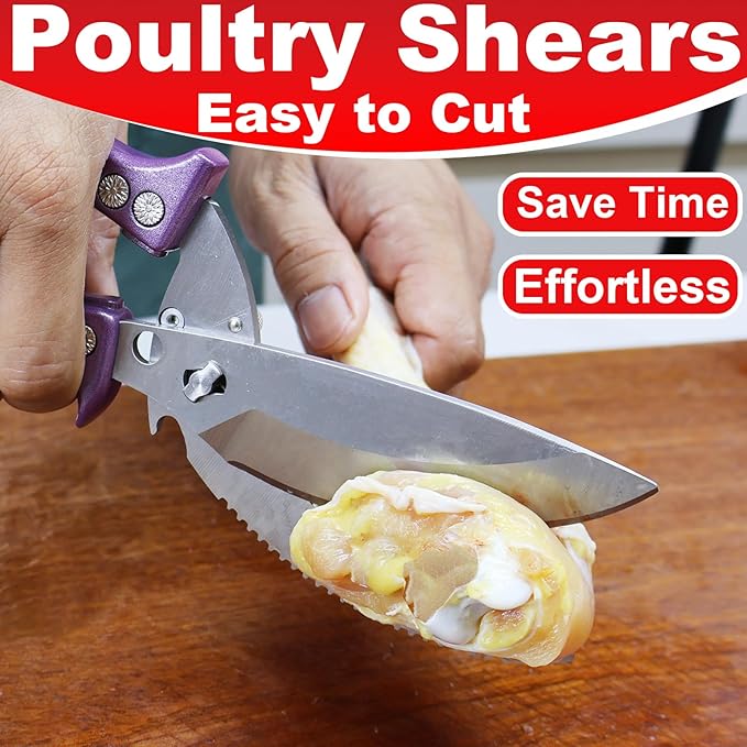 Heavy Duty Poultry Shears - Kitchen Scissors All Purpose, Chicken & Fish Shears, Easily Separable, Dishwasher Safe (Purple)