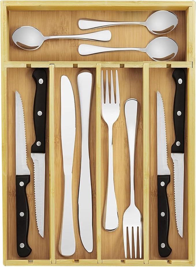 Silverware Organizer Kitchen Bamboo Drawer Organizer - 5 Slots Total Utensil Organizer for Flatware, Cutlery & Knives. Ideal Utensil Drawer Organizer for Kitchen, Natural