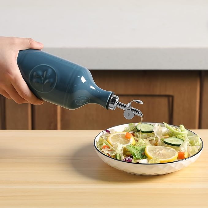 Sweejar 16 Oz Ceramic Olive Oil Dispenser Bottle, Oil Dispenser for Kitchen with Gravity Spout, Relief Opaque Vinegar Container for Evoo, Soy Sauce, 1 Pack(Fog Blue, Silver Spout)