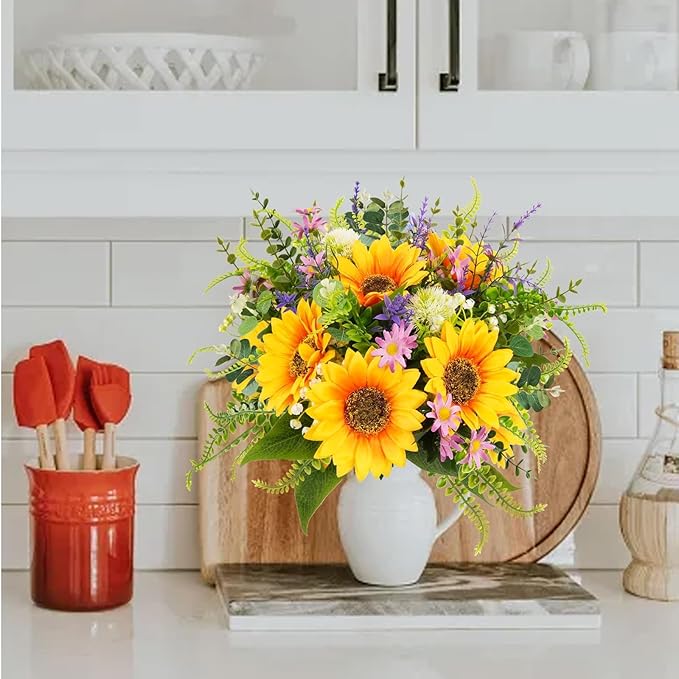 HUAESIN Sunflowers Artificial Flowers Bouquets Spring Flowers Artificia Fake Wildflowers Silk Cemetery Flowers Arrangements for Home Kitchen Office Table Centerpieces Wedding Party Grave Decor