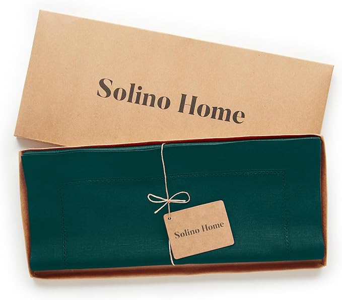 Solino Home Cotton Linen Dark Green Table Runner 108 Inches Long - Hemstitch 14 x 108 Inch Table Runner - Handcrafted and Machine Washable