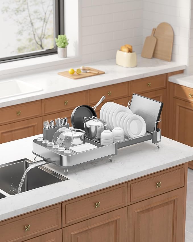 Kitsure Dish Drying Rack - Expandable Stainless Steel Dish Racks for Kitchen Counter, Auto-Drain Drying Rack for Kitchen with Cutlery Holder & Non-Slip Feet, 16.1-26.6" L x 12.6" W, Grey
