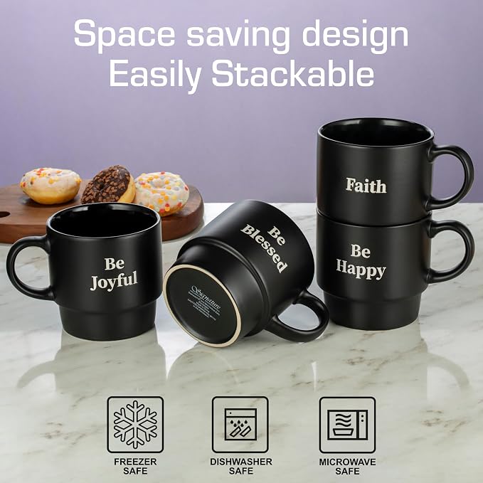 Signature Housewares Be Happy Stackable Stoneware Coffee Mug Set with Metal Rack - 15 Ounce Coffee Mugs for Coffee, Tea, Hot Chocolate, Milk, Set of 4, Matte Black (Pack of 4)