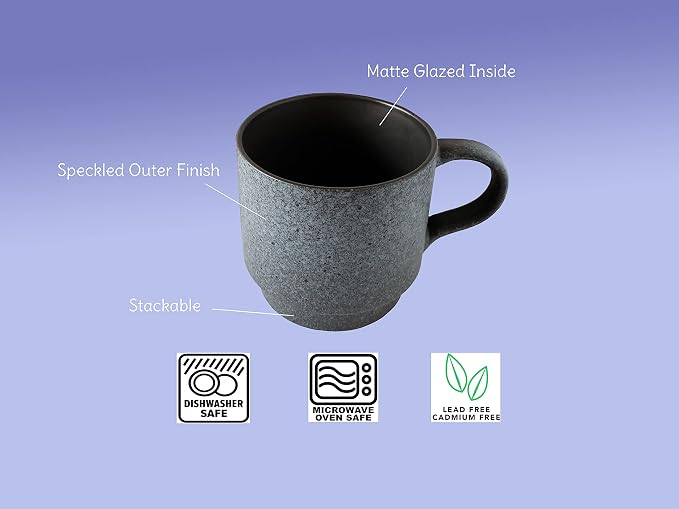 14oz Classic Stackable Ceramic Coffee Mugs, Assorted Colors - Set of 4 Space Saving Durable Stacking Cups with Speckled Finish