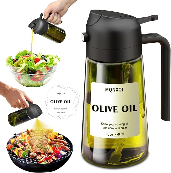 mqnxoi Oil Sprayer for Cooking, 2 in 1 Olive Oil Dispenser Bottle for Kitchen, 16oz/470ml Premium Glass, Food-grade Oil Mister for Air Fryer, Salad, Frying, BBQ (Black + Dark Green Bottle)