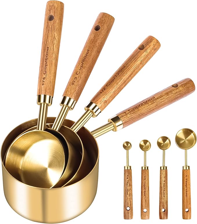 GuDoQi 8Pcs Gold Measuring Cups and Spoons Set, Wooden Handle, Premium Stainless Steel with Metric & US Measurements, Nesting for Dry/Liquid Kitchen/Food/Baking