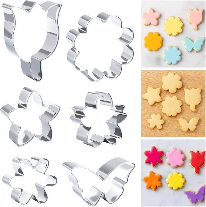 Flower Cookie Cutter Set 6Pcs Summer Flowers Cookie Cutters-Daisy, Tulip, Butterfly Biscuit Fondant Molds Stainless Steel Cookie-Cutters for Christmas DIY Baking Tool Party Favors