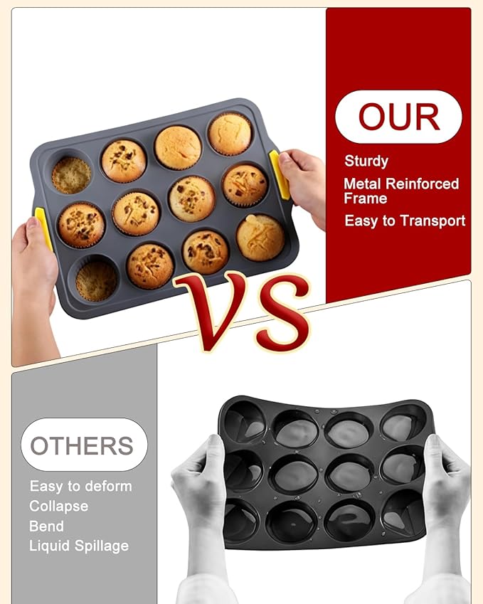 12-Cups Foldable Silicone Muffin Pan with Metal Reinforced Frame - Non-Stick Heat-Resistant Baking Mold for Muffins, Cupcakes, Mini Treats - Easy Storage Silicone Baking Pan, 7-Piece Baking Set