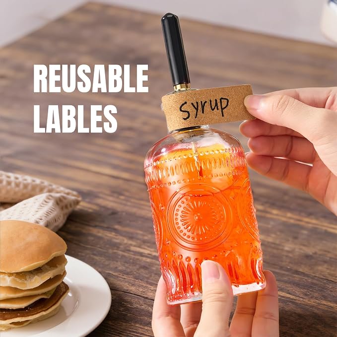 Baalaka 4-Pack Coffee Syrup Dispenser, 7 OZ/200ML Honey Dispenser, Small Syrup Bottles with Funnel & Extra Nozzles, Glass Syrup Dispenser for Coffee Shop, Home Kitchen
