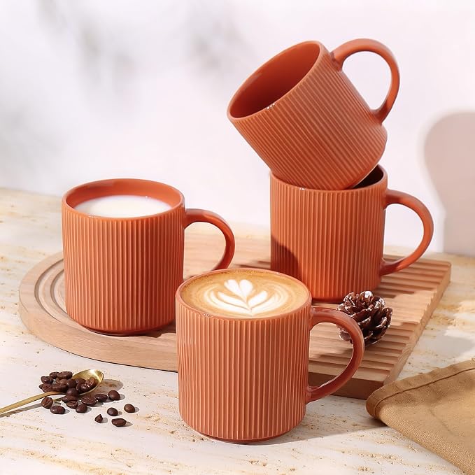 MONITO 16Oz Coffee Mugs Set of 4, Rustic Ceramic Coffee Cups Set with Large Handle, Vintage Striped Stoneware Coffee Mugs for Latte, Cocoa, Tea, Milk, Microwave & Dishwasher Safe, BRICK RED