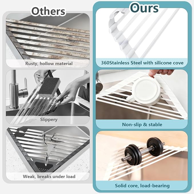 Credon Triangle Roll Up Dish Drying Rack, Foldable Anti-Slip Kitchen Sink Drainer Organizer, Silicone Coated Stainless Steel Frame, Multipurpose Over Sink Corner Caddy for Space Saving (White)