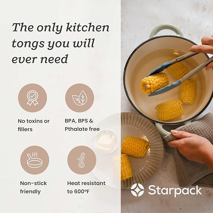 Starpack Get a Grip Silicone Kitchen Tongs (12 Inch) - LFGB Non Toxic, 600°F Heat Resistant, BPA-Free - Heavy-Duty Stainless Steel, Locking - Dishwasher Safe for Nonstick Cookware Light Blue