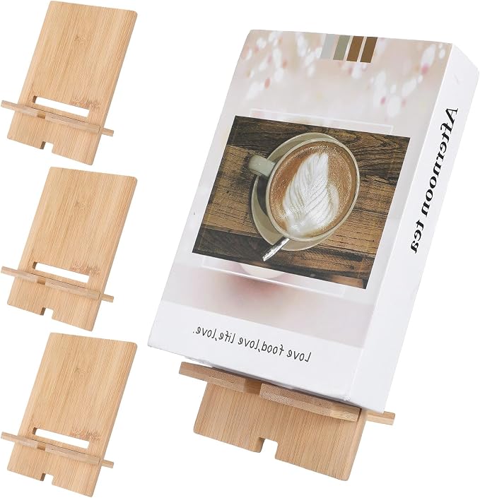 4-Pack Bamboo Book Display Stand, Adjustable Wooden Cookbook Holder & Plate Easel for Display, Splinter-Free Recipe Book Stand for Kitchen Counter, Tablets, Photos, Textbook, Art (6.6x3.9”)