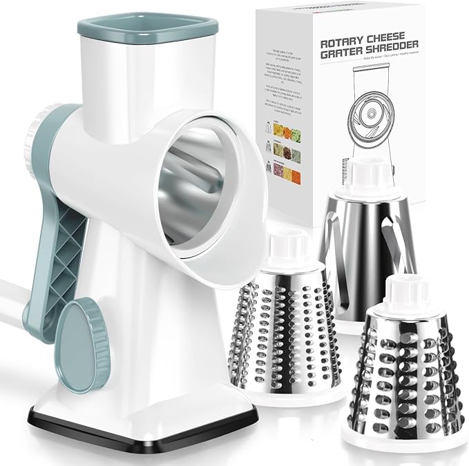 Badelite Cheese Grater Hand Crank Rotating Cheese Shredder Stainless Steel Vegetable Slicer Grater for Kitchen 3 Blades for Cheese, Carrot, Cucumber, Nuts, Chocolate, White