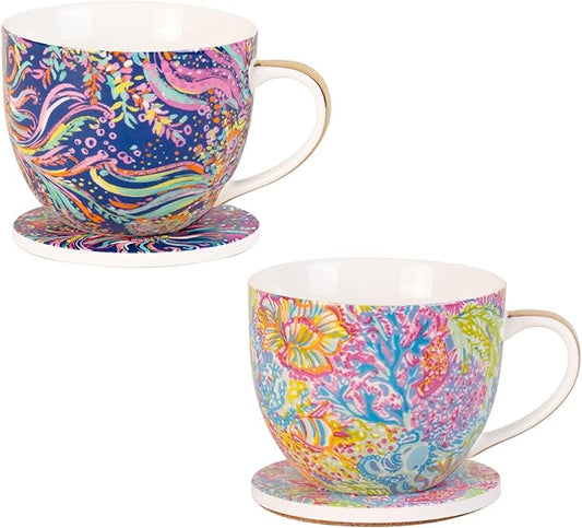 KAMMAK Coffee Mugs Ceramic Tea Cups Set of 2, 15 oz Porcelain Espresso Cups with Coaster Large Novelty Mugs with Handle for Cappuccino, Latte, Americano, Breakfast Cereal, Hot Cocoa (Purple + Ocean)