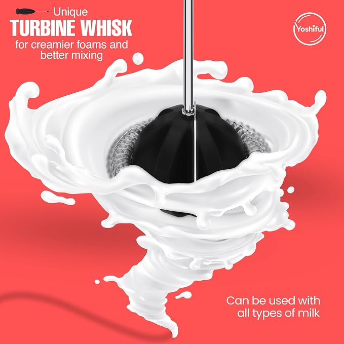 Milk Frother for Coffee with Deluxe Stand - Coffee Frother Handheld Foam Maker for Lattes - Turbine Whisk Drink Mixer Handheld - Frother Wand Stirrers Electric for Cappuccino, Matcha (Black)