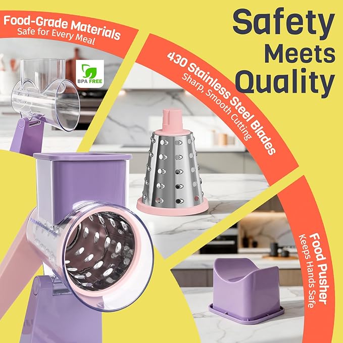 Upgraded Rotary Cheese Grater with 3 Interchangeable Stainless Steel Drums, One-Press Powerful Suction Manual Vegetable Shredder&Slicer for Kitchen, 15pcs Storage Bags Included, Pinkish Purple
