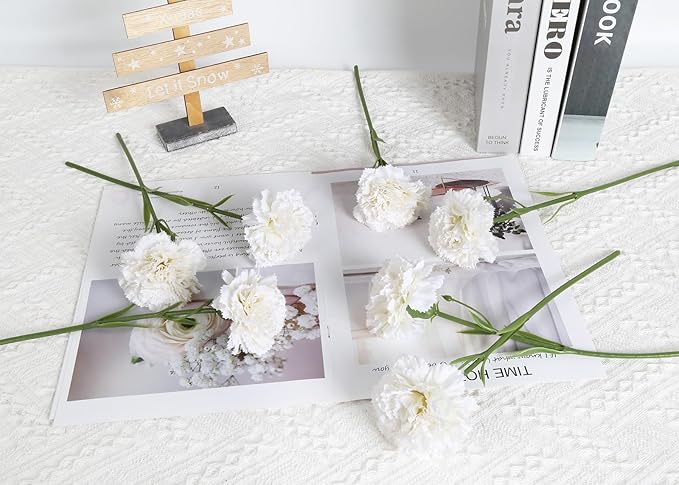 15PCS White Carnations Artificial Flowers White Fake Flowers Silk Carnations White Flowers for Wedding Centerpieces Bridal Shower for Dining Table Home Party Birthday Decor (White)