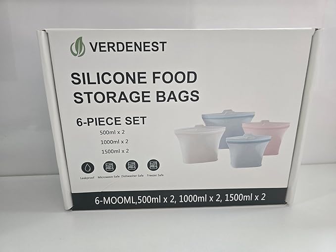 Reusable Silicone Food Storage Bags – 6 Pack Stand-Up Leakproof BPA-Free Silicone Bags for Meal Prep, Sandwich, Snacks & Freezer Storage (500ml, 1000ml, 1500ml)