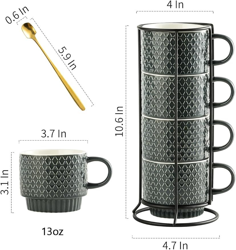 Gomakren Coffee Mugs Set of 4, 13 Ounce Stackable Coffee Mug Set with Stand, Stoneware Coffee Cup with Spoon for Coffee, Milk, Tea, Cocoa, Grey