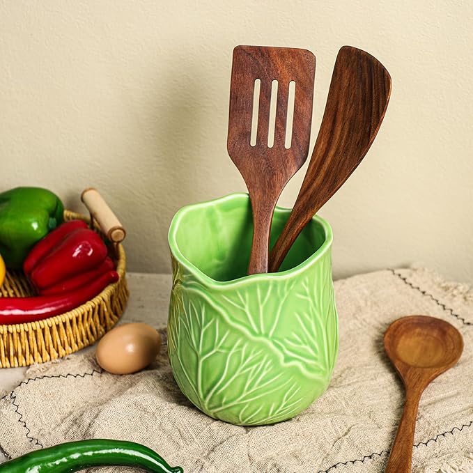 Ceramic Green Cabbage Kitchen Utensil Holder, Large Cooking Utensil Crocks for Countertop, Ocean Style Utensil Organizer for Spatula and Home, B