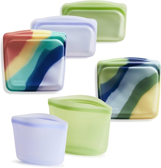 Stasher Silicone Reusable Food Storage Bags, 6-Pack, Reusable Freezer Bags, Microwave, Dishwasher, Oven Safe, Sous Vide, Lunch Containers, Eco Friendly, Food-safe Silicone Snack Bag, Multicolor
