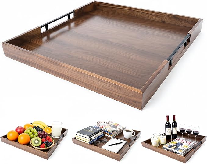 20 Inch Large Square Ottoman Tray, Premium Acacia Wooden Serving Tray with Metal Handles, Large Decorative Tray for Living Room, Ottoman, Coffee Table, Charcuterie Trays Use for Kitchen