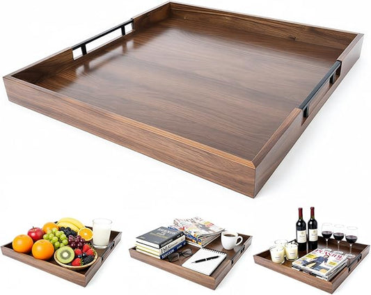 20 Inch Large Square Ottoman Tray, Premium Acacia Wooden Serving Tray with Metal Handles, Large Decorative Tray for Living Room, Ottoman, Coffee Table, Charcuterie Trays Use for Kitchen