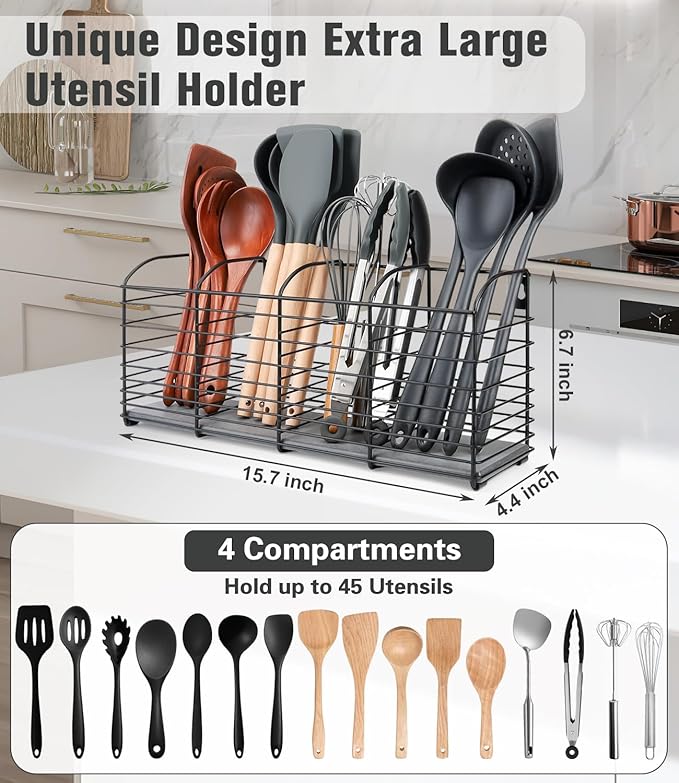 Extra-Large Kitchen Utensil Holder with Diatomaceous Earth Base, 4-Compartment Organizer for Cooking Tools, 15.7"x 6.7"x 4.4", Dries moisture quickly, Aesthetic Matte Black Design for Kitchen Counter