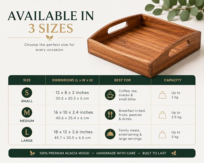 Acacia Wood Serving Tray - 12 Inch Wooden Tray with Natural Food-Safe PU Coating, Brown
