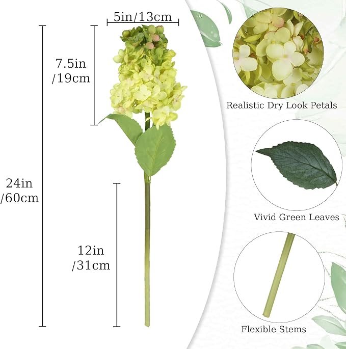 Green Hydrangea Artificial Flowers 4PCS Faux Silk Fall Flowers Artificial Dried Hydrangea Artificial Fall Bouquet 24” Fake Dried Hydrangeas Flowers with Stems for Table Vase Home Indoor Outdoor Decor