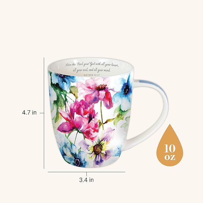 Christian Art Gifts Ceramic Coffee or Tea Mug Set for Women, Seeds of Love Garden Blooms Design Bible Verse Mug Set, Boxed Set of 4 Coffee Cups