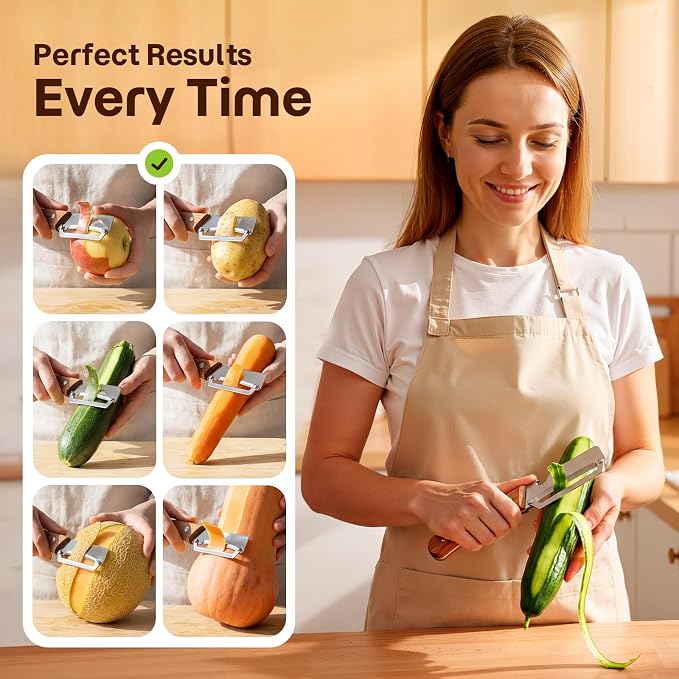 3-Pack Multi-Functional Vegetable Peeler for Kitchen, Ultra Sharp Stainless Steel Fruit & Potato Peelers with Ergonomic Wood Handle for Apple, Carrot, Cucumber, Pumpkin & Everyday Cooking