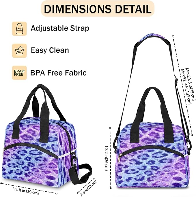 Leopard Purple Insulated Lunch Bags for Women Girls Adult Ethnic Reusable Lunch Tote Therma Cooler Bag with Shoulder Strap Lunch Box for School Work Office Picnic Meal Prep Bag