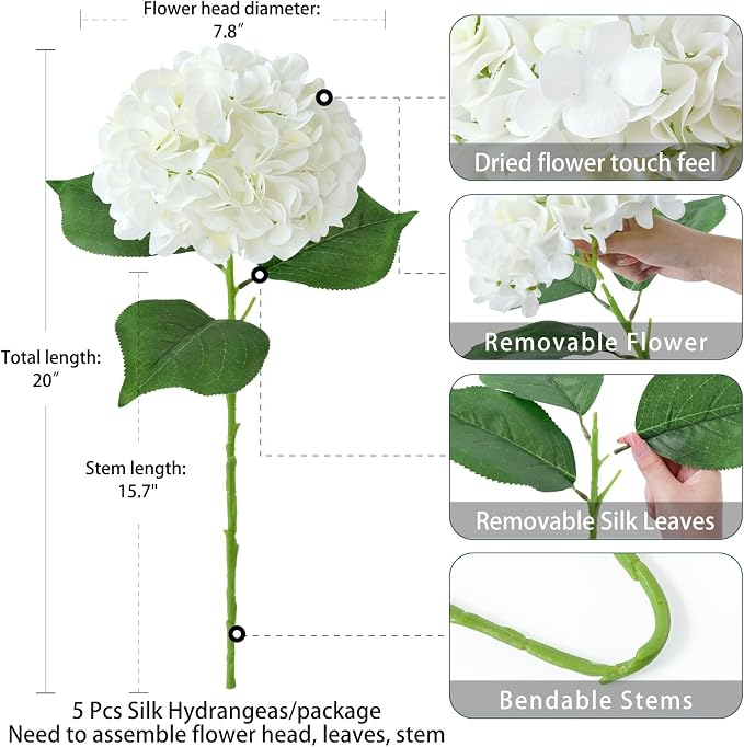 ZYTUYO 5 Pcs White Silk Hydrangeas Aritificial Flower Boho 20'' Faux Dried Touch Hydrangeas for Spring Indoor Home Decor Kitchen Living Room Porch Outdoor Wedding Flower Arrangement