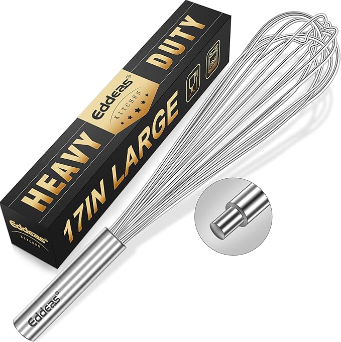 Eddeas 17in/43cm Extra Large Whisk,5Ib Heavy Duty Whisk, 2.4mm Wire Whisk Suitable for Mixing Thick batter and Large batch soup.Not suitable for individual small batch production(Silver)