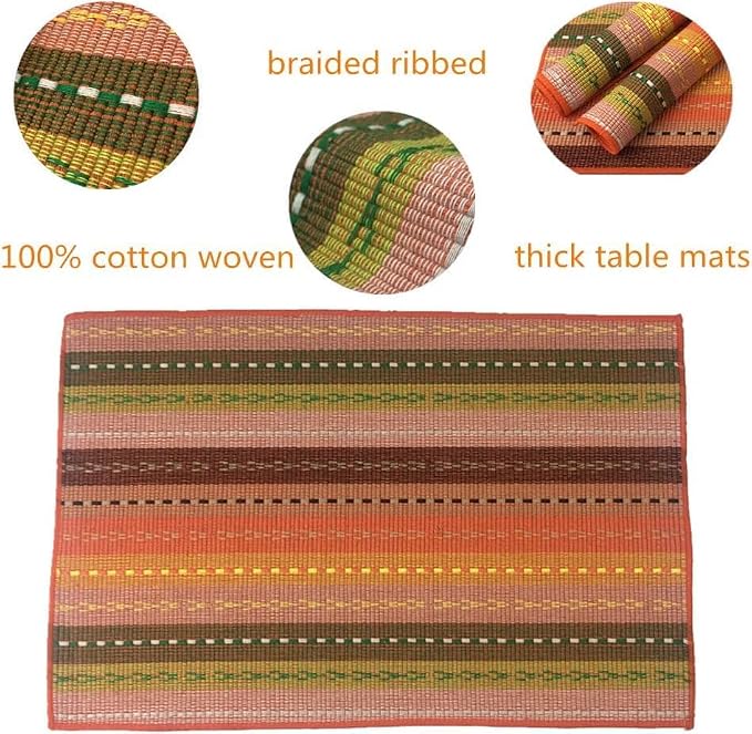 WAZAIGUR Hand Woven with 100% Cotton Placemats Colorful Placemats Braided Ribbed Durable Heat-Insulation Table Mats Set of 4,Orange