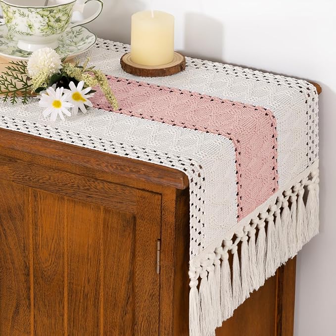 Socomi Boho Table Runner Summer Farmhouse Rustic Dining Kitchen Centerpiece Decor Small Macrame Woven Cotton Linen Coffee Table Runner for Dresser Scarf Home Decor 12x48 inPink Ivory