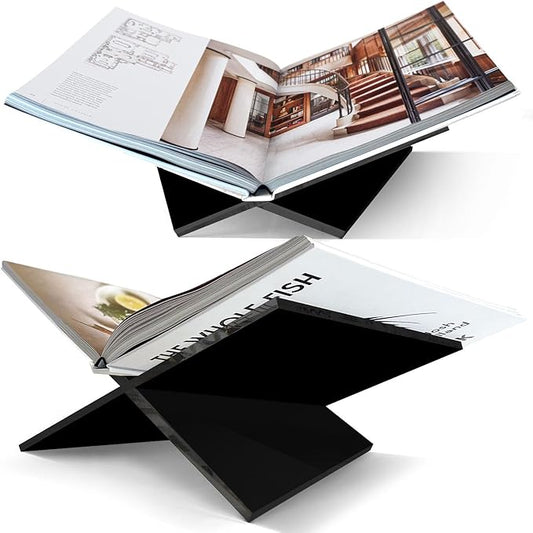 Large Black Acrylic Book Stand, 12.5" x 9.5" x 5.5”, Acrylic Book Holder, Open Bookstand for Display and Reading Cookbooks, Art Books, Bibles, Magazines - Home and Office