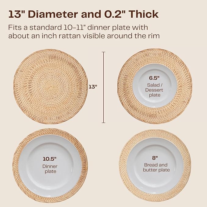 4-Pack Rattan Placemats - 13-inch Round Placemats (Natural Rattan Color) - Woven Place Mats, Round Table Mats - Wicker Chargers for Dinner Plates, Plate Chargers Boho