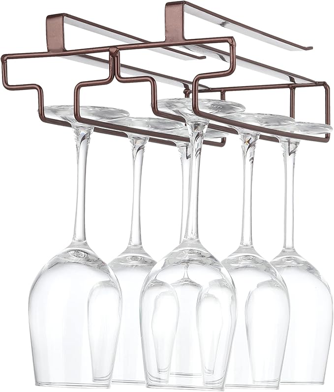 Wine Glass Rack Under Cabinet Drilling Free No Screw Steamware Holder Under Shelf Metal Wine Glasses Holders 304 Stainless Steel Hanger Storage Organizer Hanging Glass Fit for Bar Kitchen 2 Rows Brown