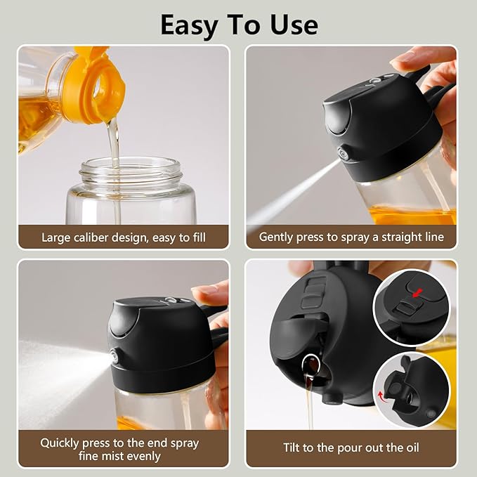 SWEET VIEW 2PCS Oil Sprayer for Cooking, 16oz/470ml Glass Oil Dispenser/Pour Bottle, Kitchen Accessories, Kitchen Gadgets for Air Fryer, Salad, BBQ, with Stickers (Black,Black)