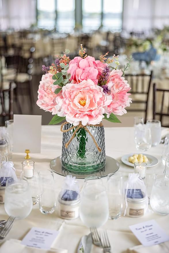 Briful Faux Flower Arrangements Artificial Peony Hydrangea Silk Flowers with Glass Vase Realistic Fake Potted Floral Bouquet for Home Offices Weddings Parties Table Centerpieces Décor (Pink)